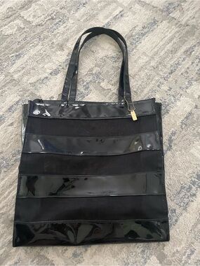 Elizabeth Arden Large Black Patent Tote Bag Gold Charm Logo